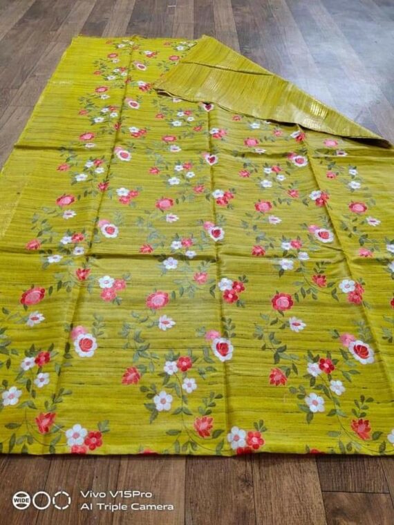 Awesome Olive Green Pure Tussar Giccha Floral Embroidery Saree