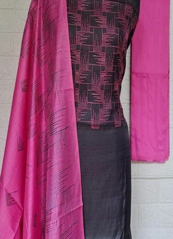 Black Dark Pink Embroidered Katan Staple Silk Dress Material