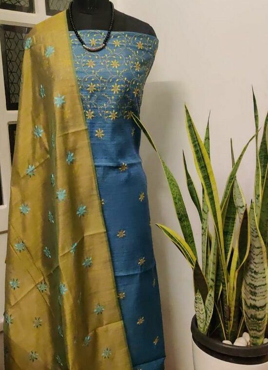 Blue Olive Green Embroidered Katan Staple Silk Dress Material