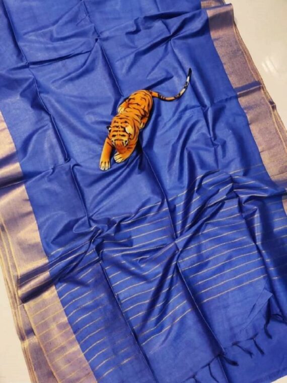 Bold Blue Plain Katan Cotton Silk Saree with Zari Border