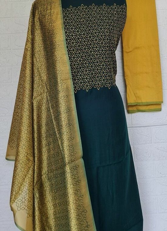 Bottle Green Golden Yellow Embroidered Katan Staple Silk Dress Material