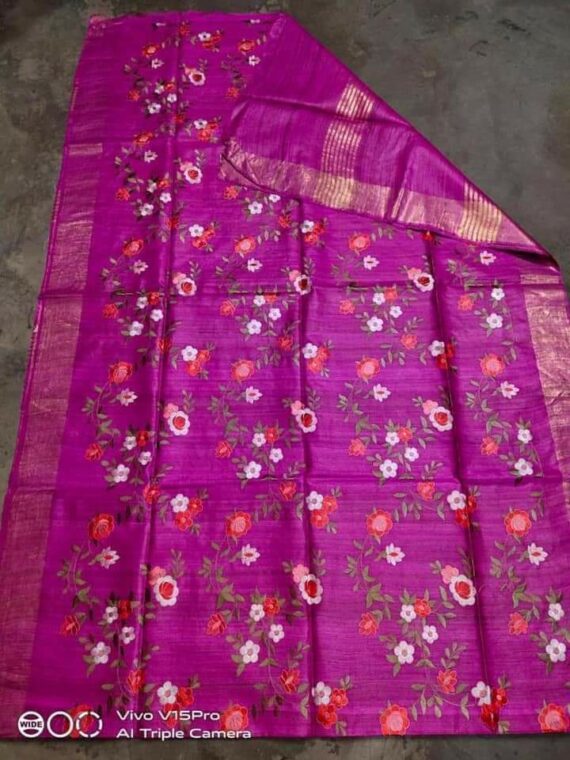 Brilliant Dark Pink Pure Tussar Giccha Floral Embroidery Saree