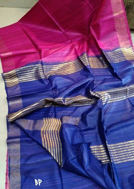 Charming Dark Pink Blue Pure Tussar Giccha Saree With Zari Border