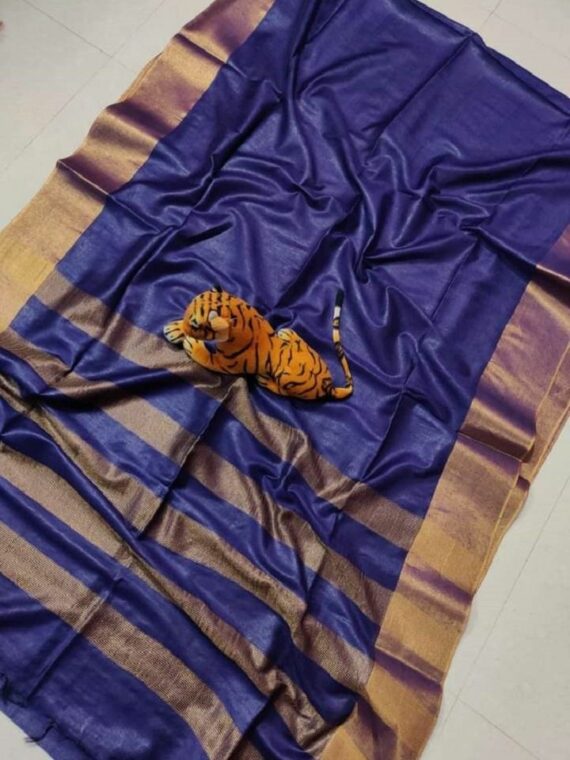 Dark Blue Plain Katan Cotton Silk Saree with Zari Border