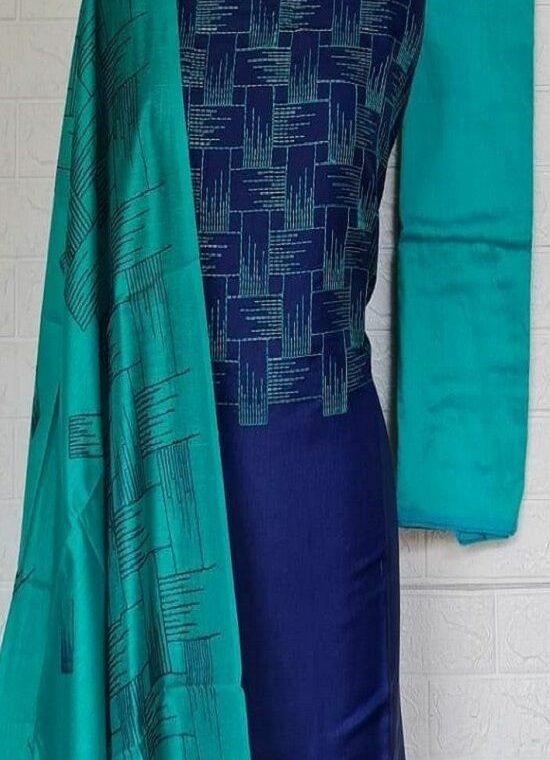 Dark Blue Sea Green Blend Embroidered Katan Staple Silk Dress Material