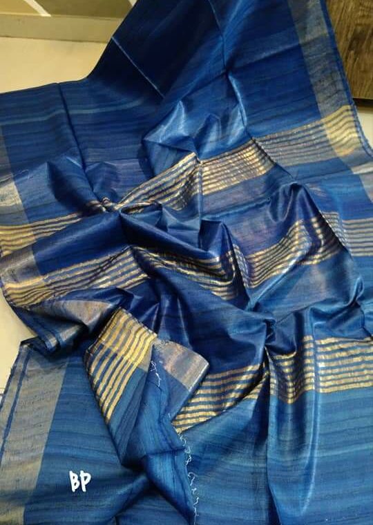 Dazzling Dark Blue Pure Tussar Giccha Saree With Zari Border