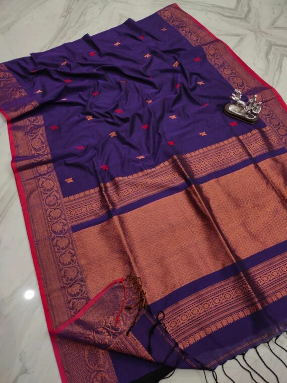 Dazzling Dark Purple Cotton Banarasi Design Handwoven Saree