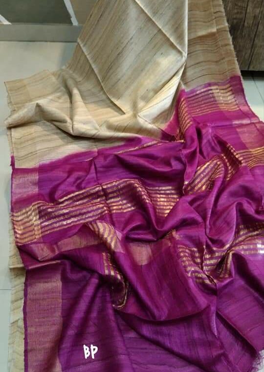 Gorgeous Natural Offwhite Pure Tussar Giccha Saree With Zari Border