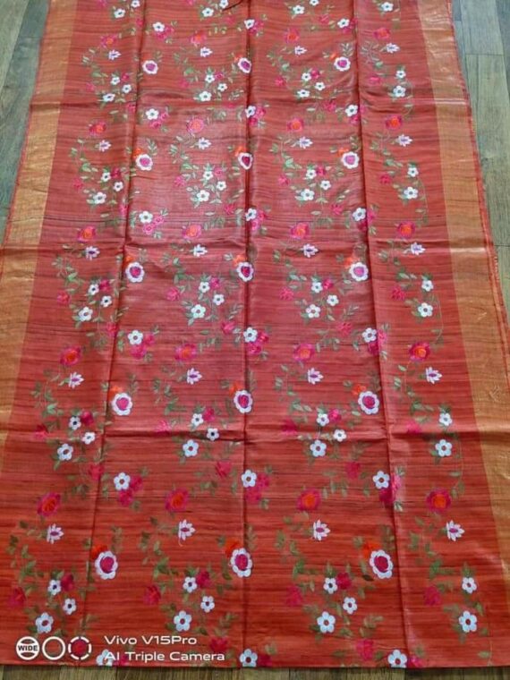 Gorgeous Red Pure Tussar Giccha Floral Embroidery Saree