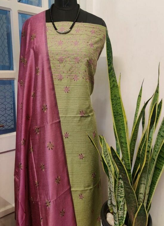 Green Wine Pink Embroidered Katan Staple Silk Dress Material