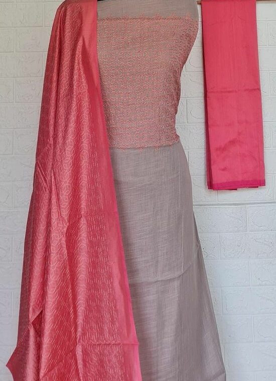 Grey Peach Pink Blend Embroidered Katan Staple Silk Dress Material