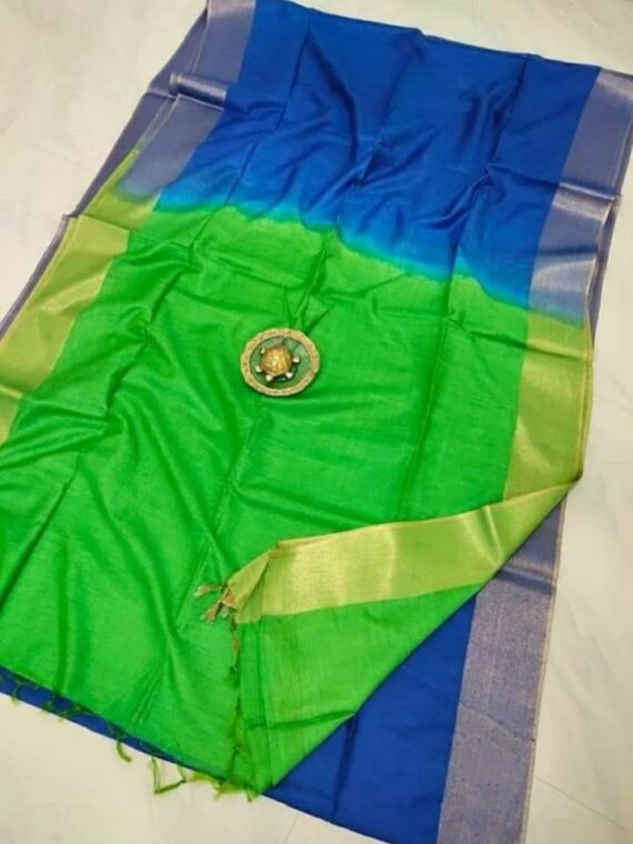 Luminous Blue Green Fusion Plain Katan Cotton Silk Saree with Zari Border