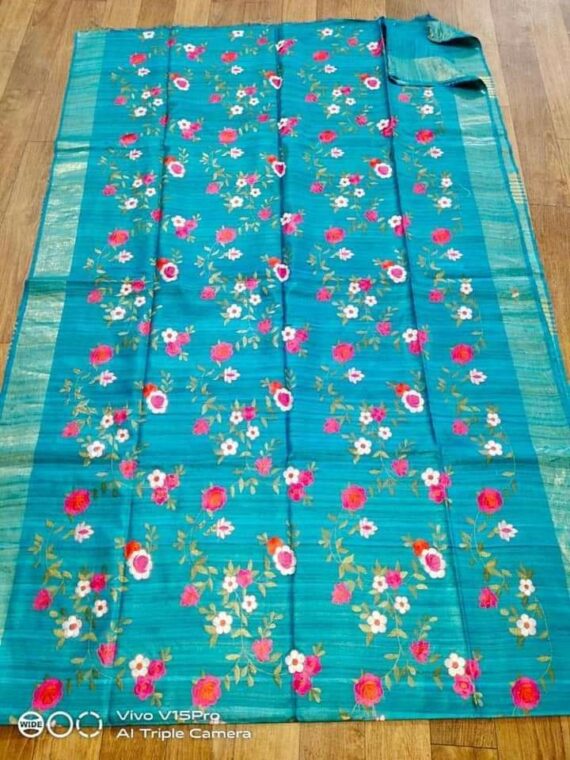 Luminous Blue Pure Tussar Giccha Floral Embroidery Saree