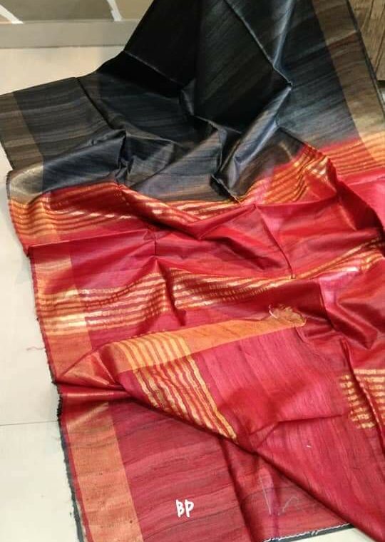 Magnificent Black Red Pure Tussar Giccha Saree With Zari Border