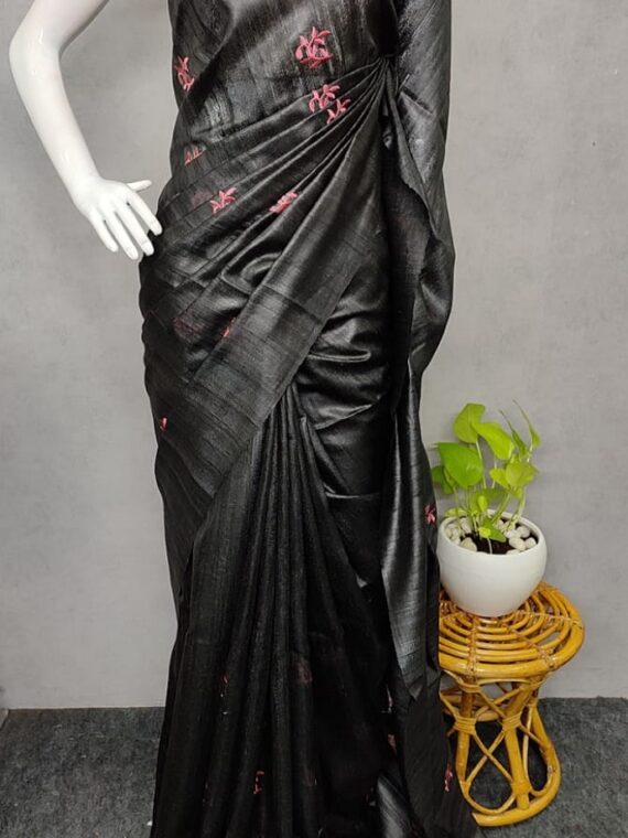 Magnificent Black Tussar Giccha Emboidery Saree