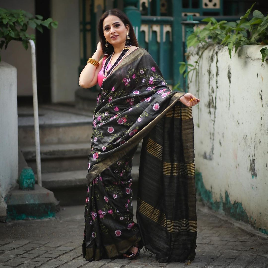 Magnificient Black Pure Tussar Giccha Floral Embroidery Saree - Loomfolks