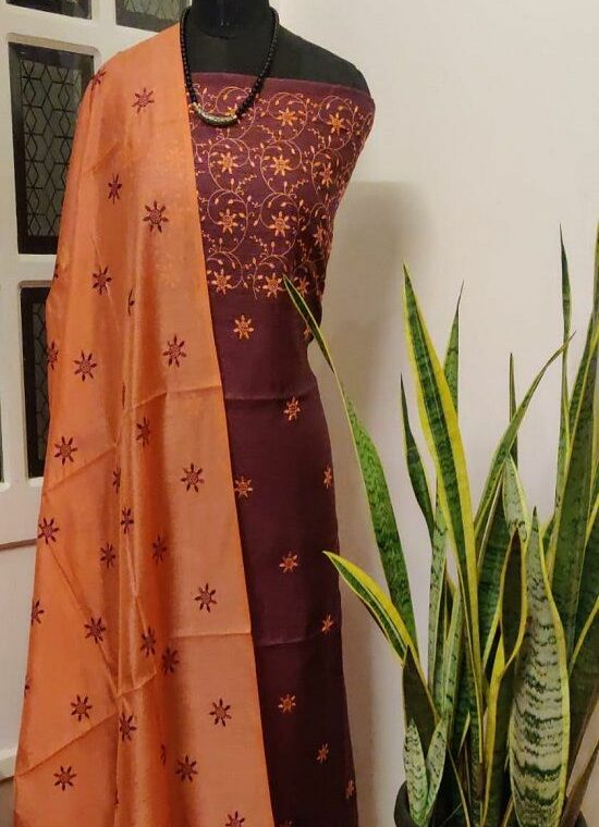 Maroon Orange Peach Embroidered Katan Staple Silk Dress Material