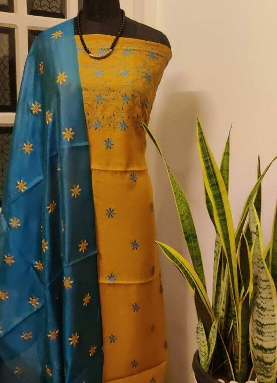 Mustard Yellow Blue Embroidered Katan Staple Silk Dress Material