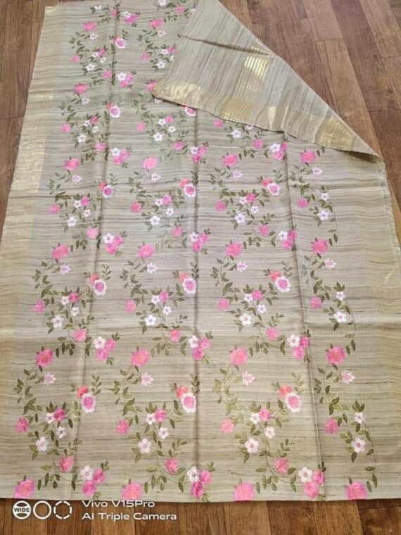 Natural True Color Pure Tussar Giccha Floral Embroidery Saree