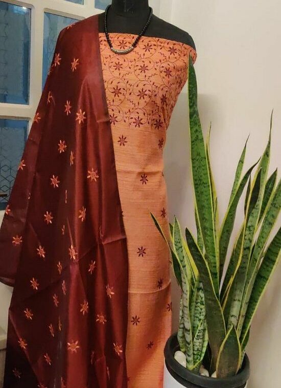 Orange Peach Maroon Embroidered Katan Staple Silk Dress Material