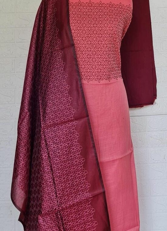 Peach Maroon Blend Embroidered Katan Staple Silk Dress Material