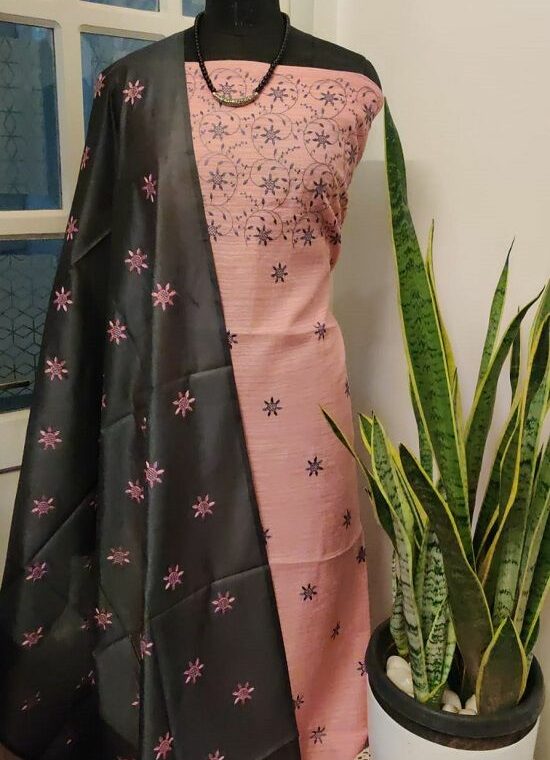 Peach Pink Black Embroidered Katan Staple Silk Dress Material