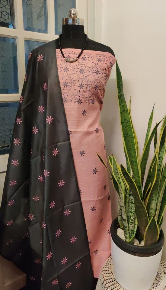 Peach Pink Black Embroidered Katan Staple Silk Dress Material