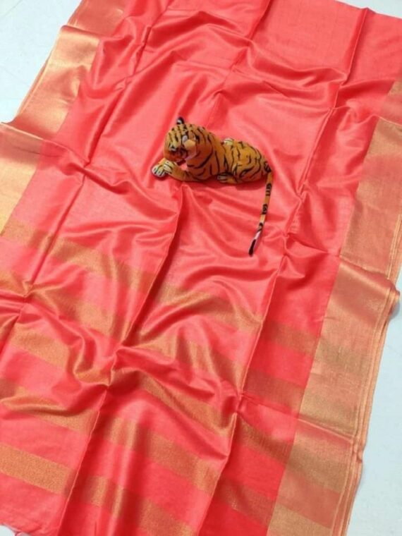 Peach Red Plain Katan Cotton Silk Saree with Zari Border