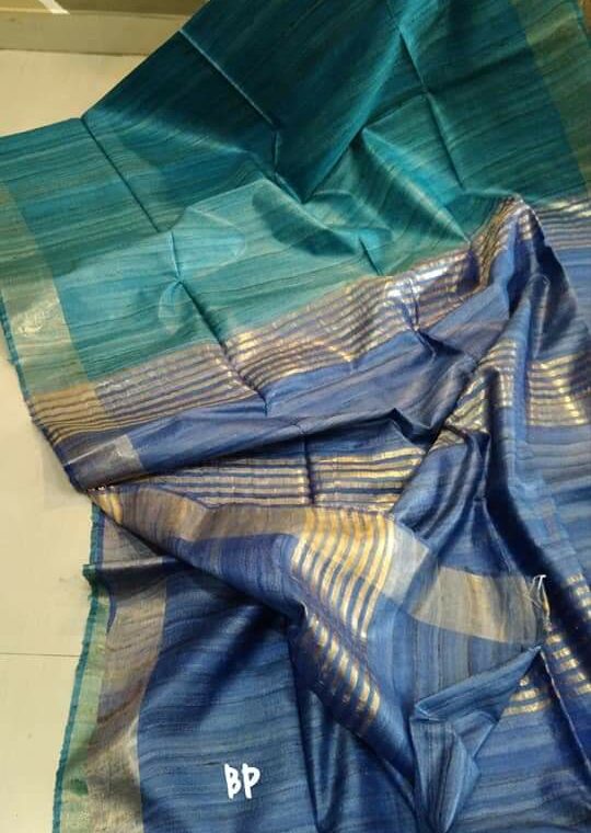 Pleasing Sea Green Blue Pure Tussar Giccha Saree With Zari Border