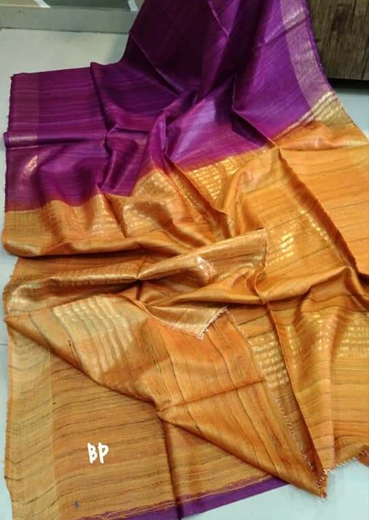 Purple Mustard Yellow Blend Pure Tussar Giccha Saree With Zari Border