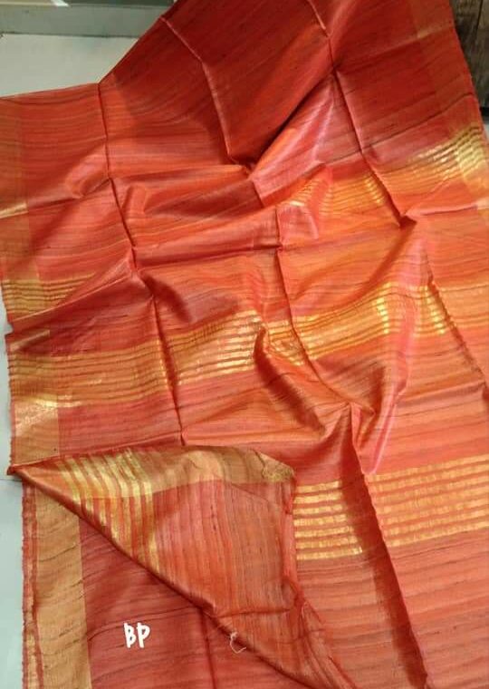 Ravishing Orange Peach Pure Tussar Giccha Saree With Zari Border