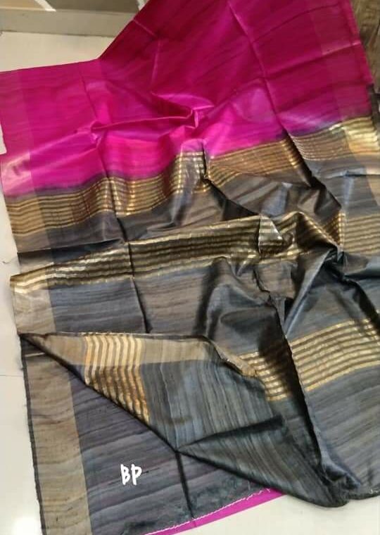 Rich Dark Pink Grey Pure Tussar Giccha Saree With Zari Border