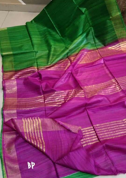 Splendid Green Dark Pink Pure Tussar Giccha Saree With Zari Border