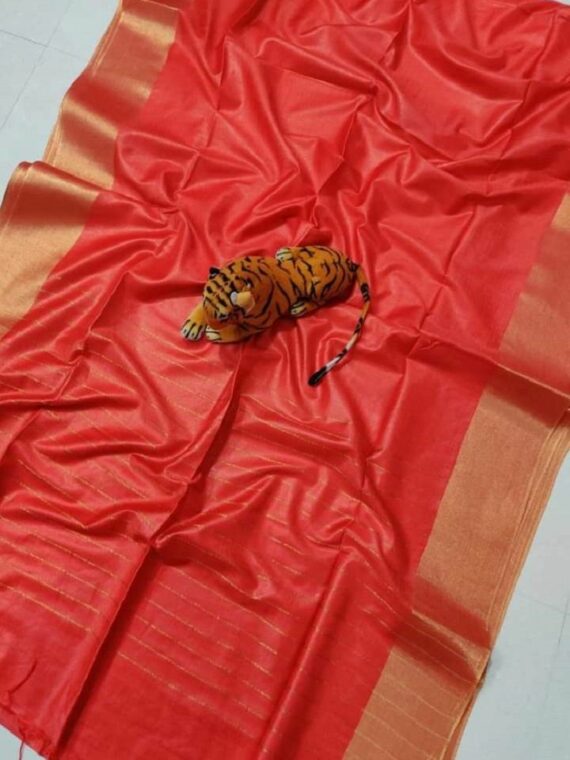 Striking Red Plain Katan Cotton Silk Saree with Zari Border