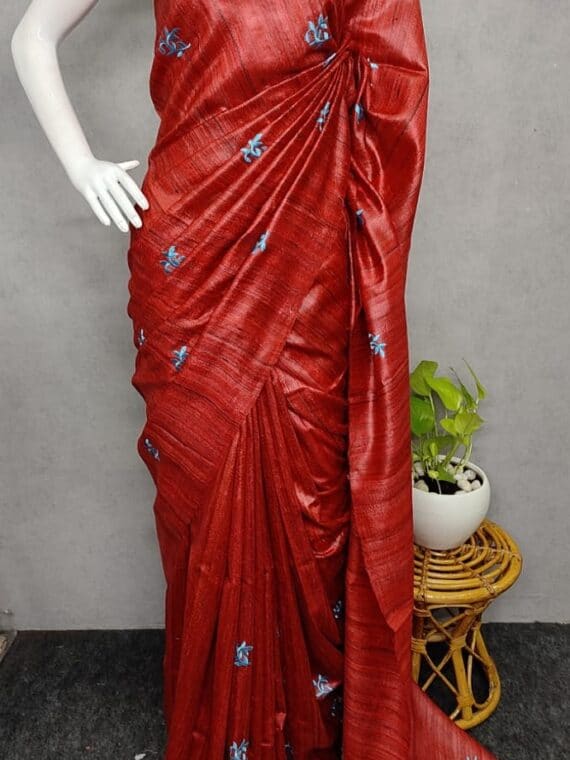 Striking Red Tussar Giccha Embroidery Saree