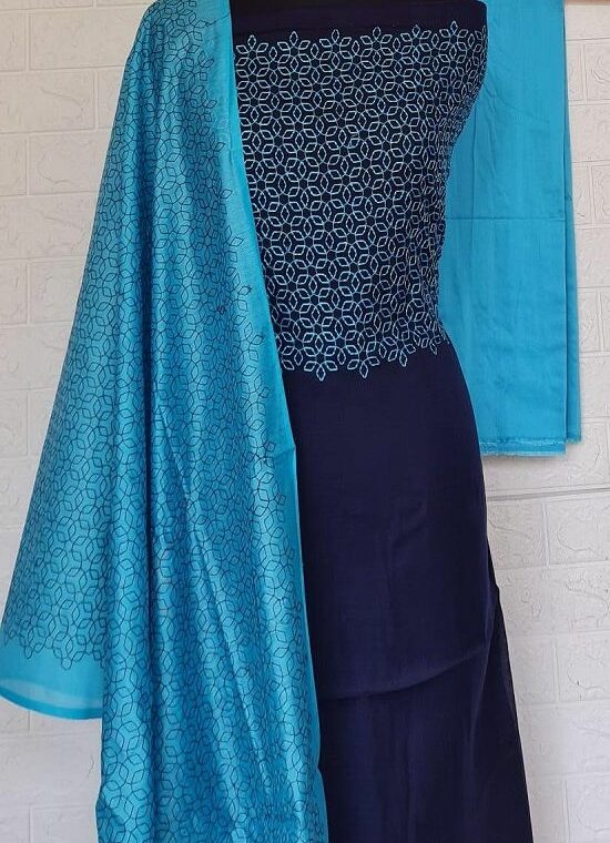 Voilet Blue Blend Embroidered Katan Staple Silk Dress Material