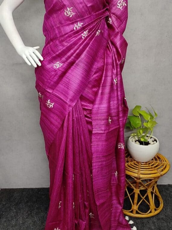 Wondorus Purple Tussar Giccha Emboidery Saree