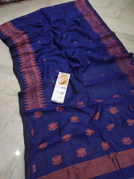 Alluring Blue Copper Handwoven Linen Saree With Lotus Design Pallu