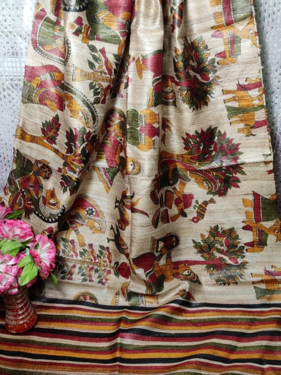 Artistic Natural Offwhite Multi Color Design Pure Tussar Giccha Printed Dupatta