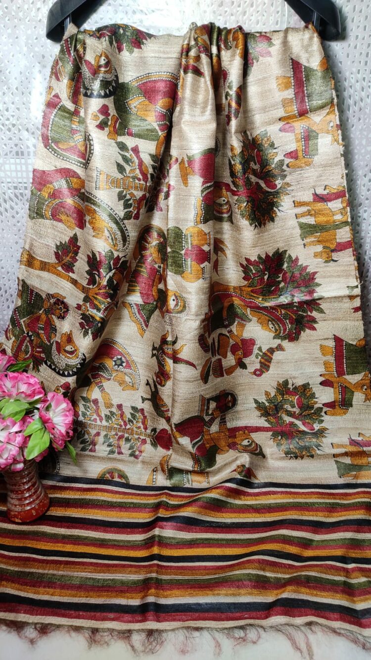 Artistic Natural Offwhite Multi Color Design Pure Tussar Giccha Printed Dupatta