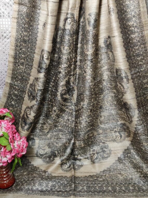 Awesome Natural OffWhite Black Pure Tussar Giccha Madhubani Printed Dupatta