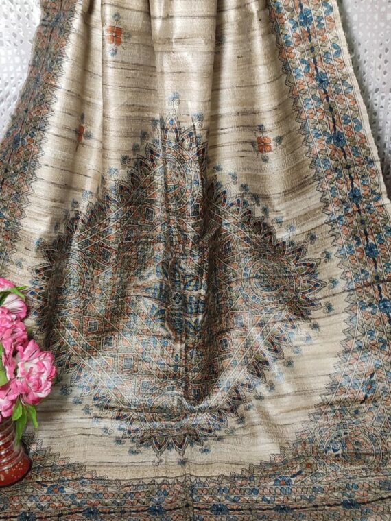 Beautiful Natural OffWhite Blue Fusion Pure Tussar Giccha Madhubani Printed Dupatta