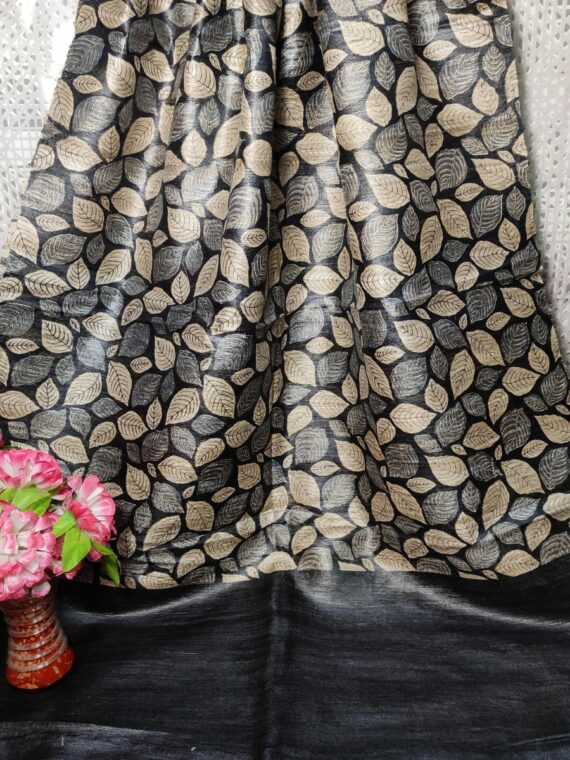 Black Offwhite Leaf Design Pure Tussar Giccha Printed Dupatta