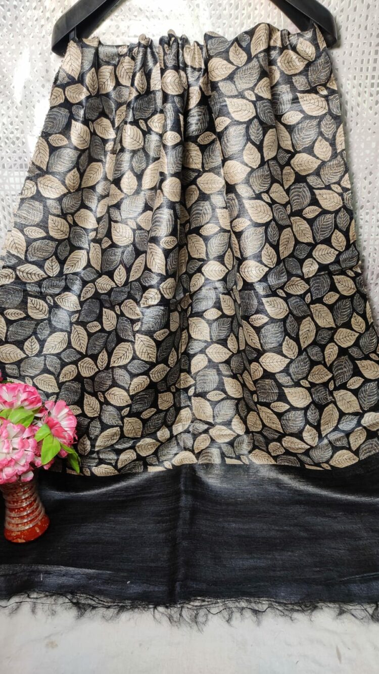 Black Offwhite Leaf Design Pure Tussar Giccha Printed Dupatta