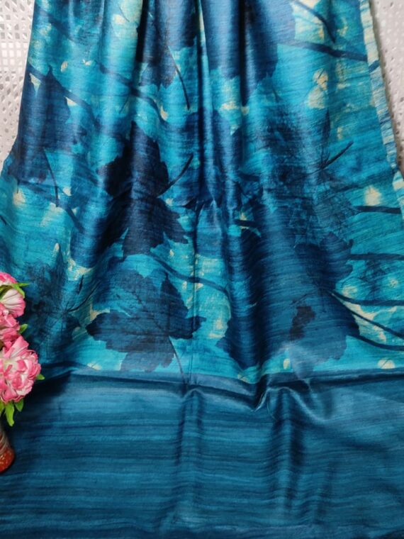 Blue Blend Maple Design Pure Tussar Giccha Printed Dupatta