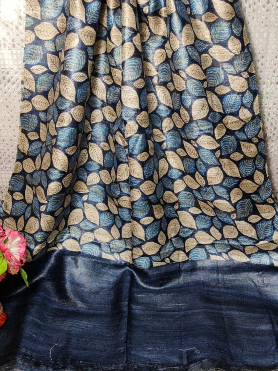 Blue Offwhite Leaf Design Pure Tussar Giccha Printed Dupatta