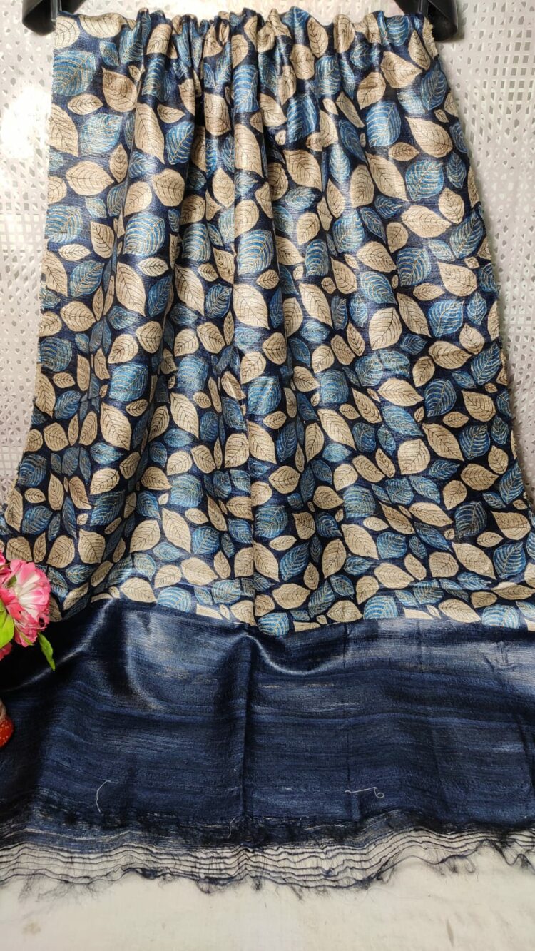 Blue Offwhite Leaf Design Pure Tussar Giccha Printed Dupatta