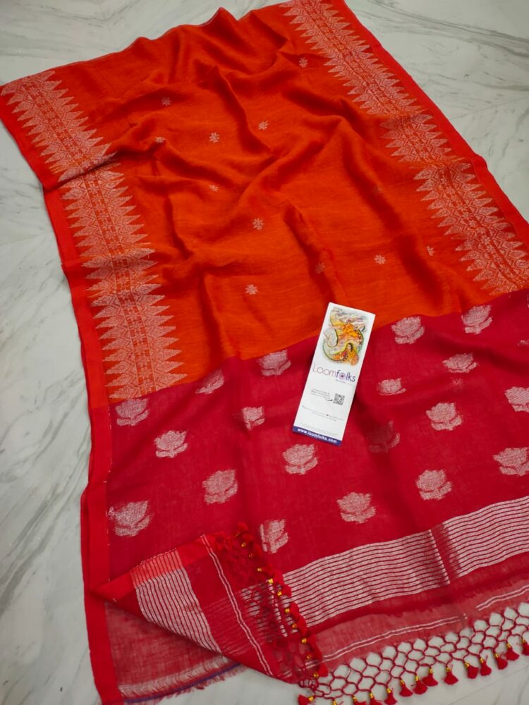 Dazzling Orange Red Fusion Handwoven Linen Saree With Lotus Design Pallu