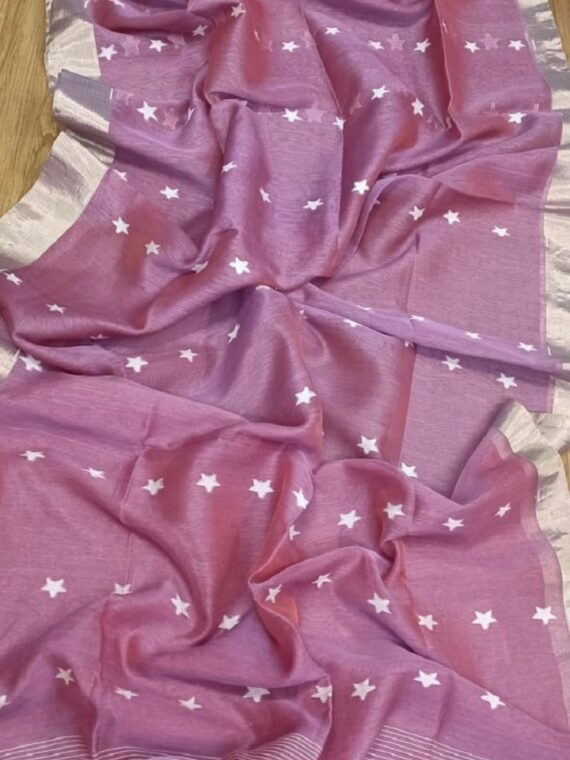 Dazzling Purple Dual Tone Star Design Handwoven Silk Linen Saree With Zari Border