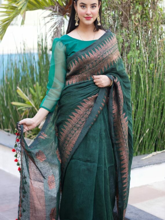 Elegant Dark Green Copper Handwoven Linen Saree With Lotus Design Pallu8